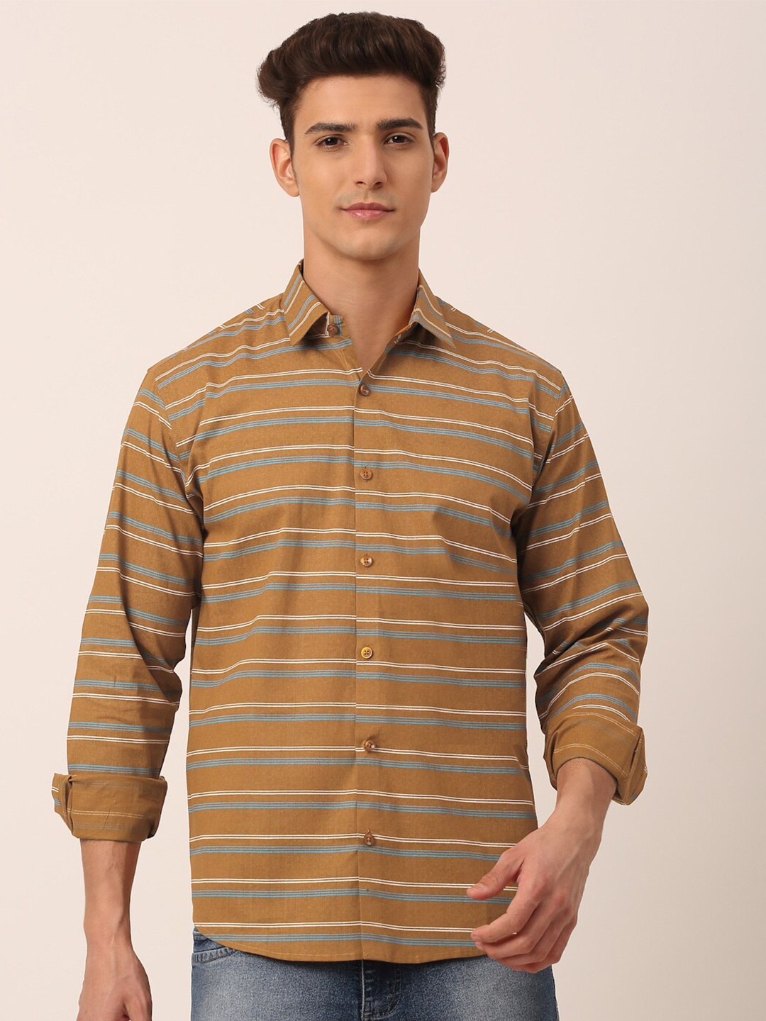 

JAINISH Men Mustard Classic Slim Fit Horizontal Stripes Striped Casual Shirt