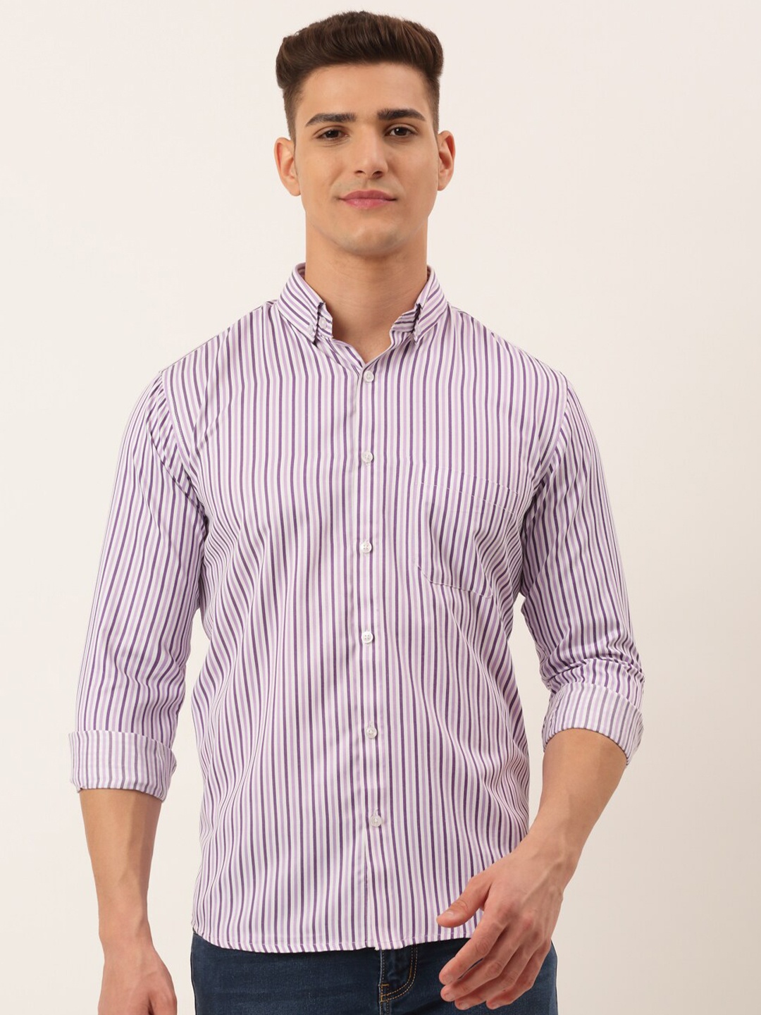 

JAINISH Men Violet Classic Slim Fit Striped Casual Cotton Shirt