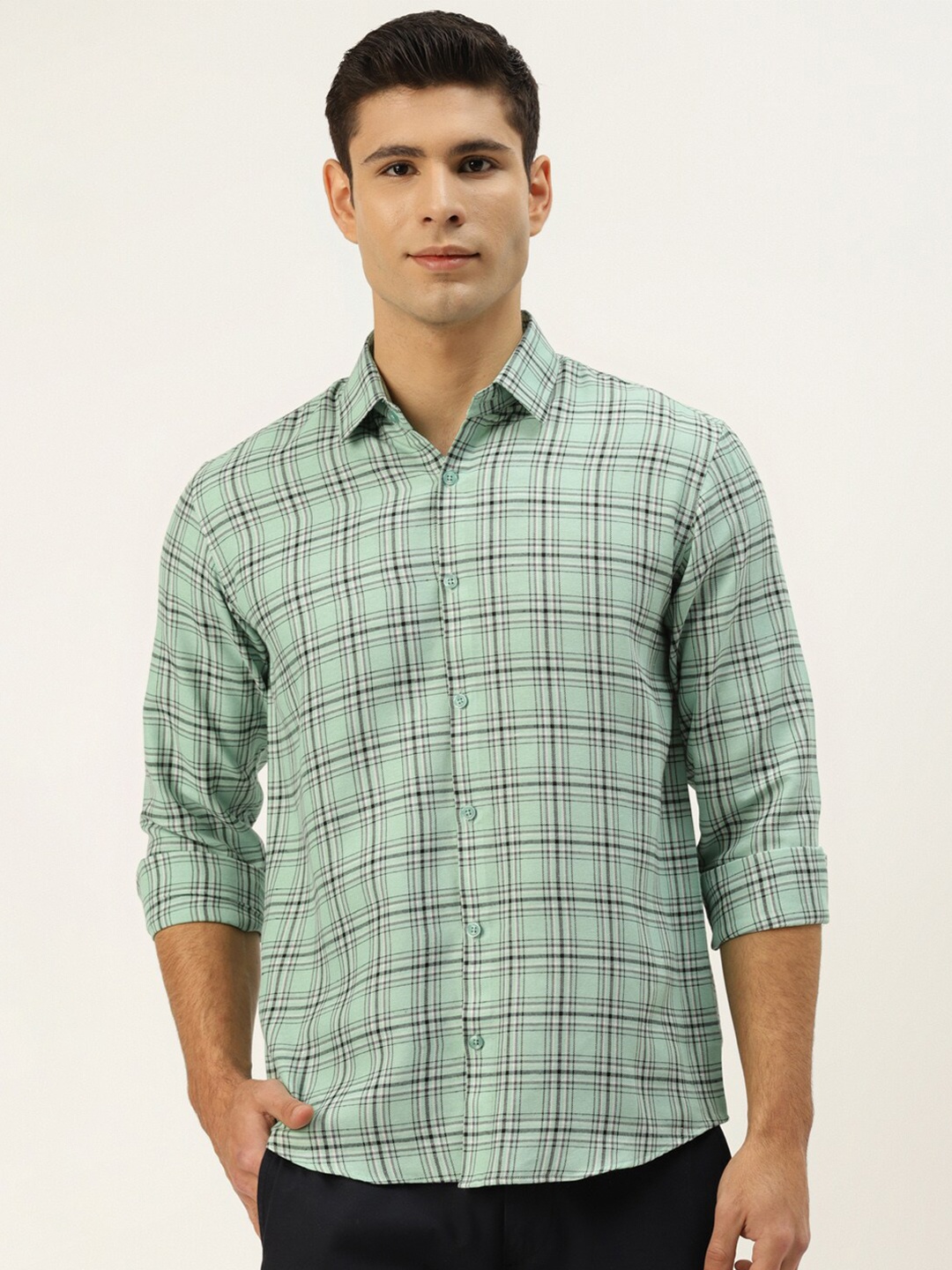 

JAINISH Men Green Classic Slim Fit Tartan Checked Casual Shirt