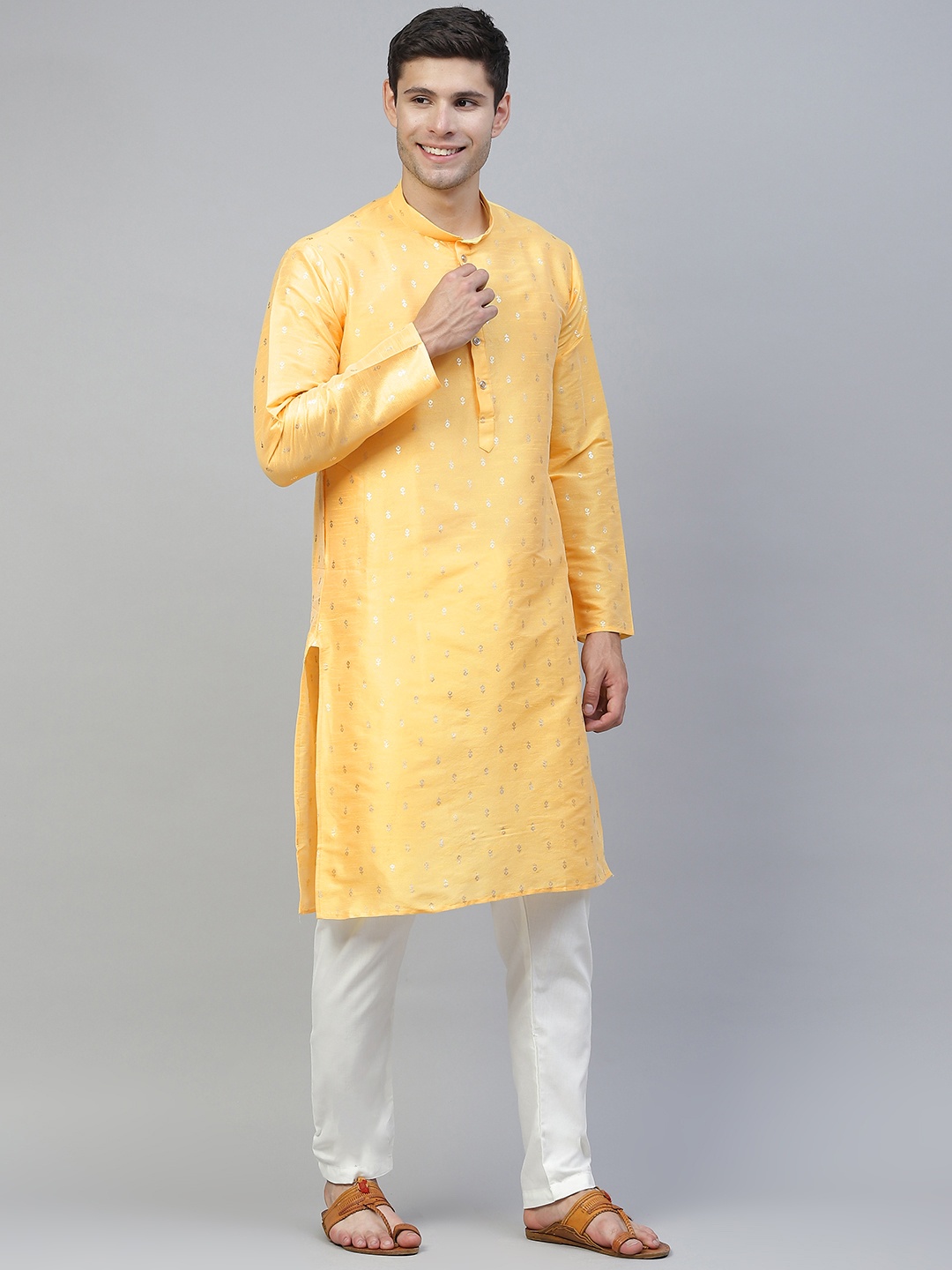 

MANQ Men Yellow Ethnic Motifs Printed Kurta with Pyjamas