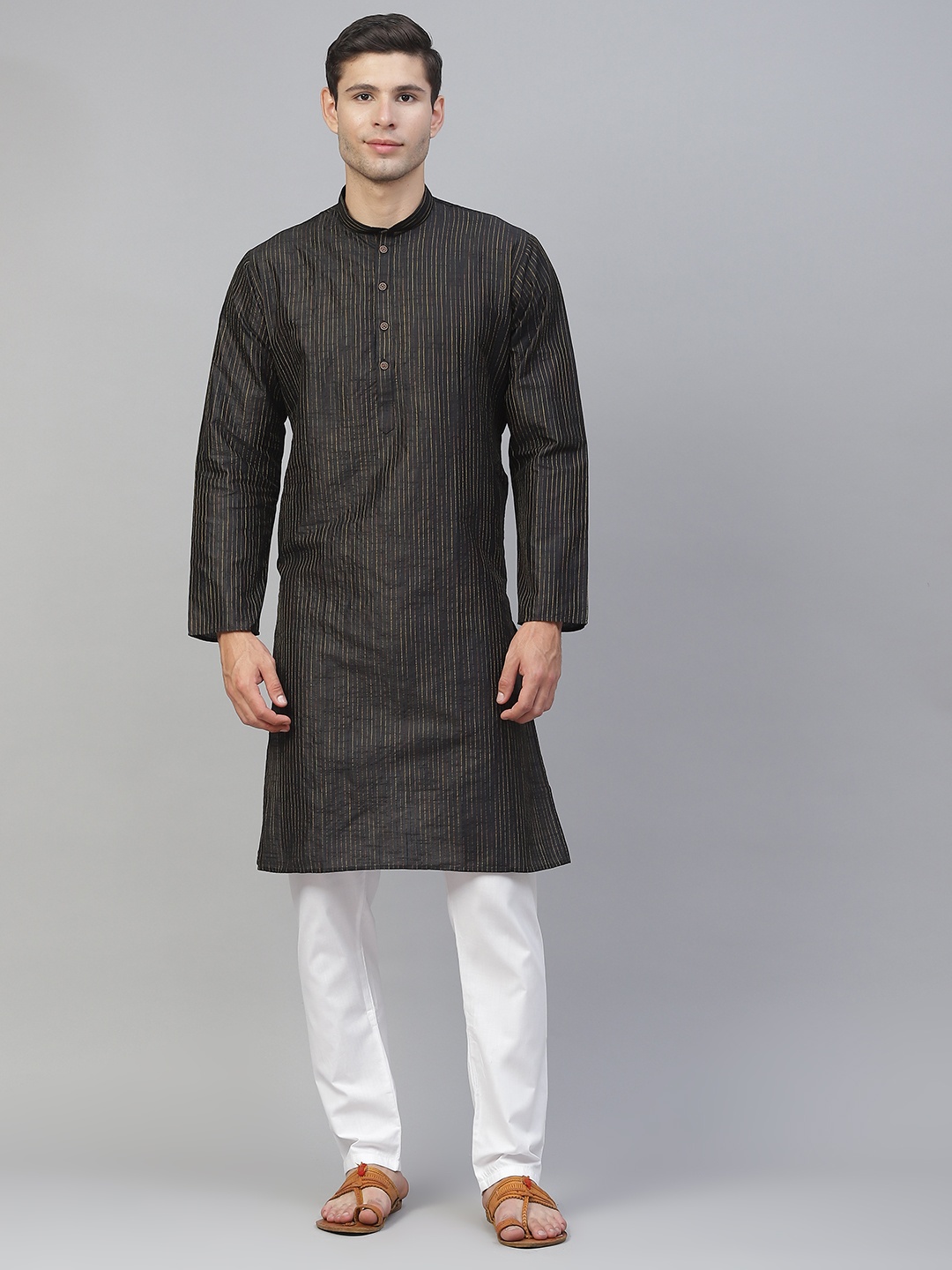 

MANQ Men Black Striped Kurta with Pyjamas