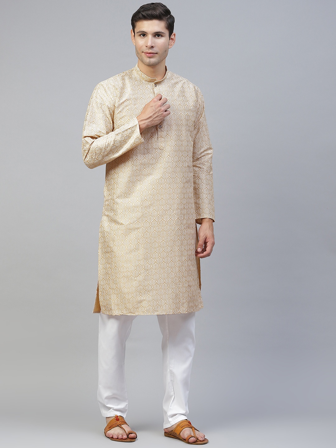 

MANQ Men Beige Ethnic Motifs Printed Kurta with Pyjamas