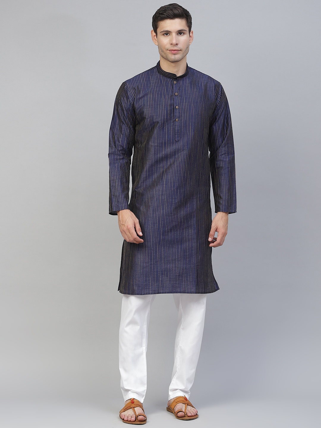 

MANQ Men Navy Blue Striped Kurta with Pyjamas