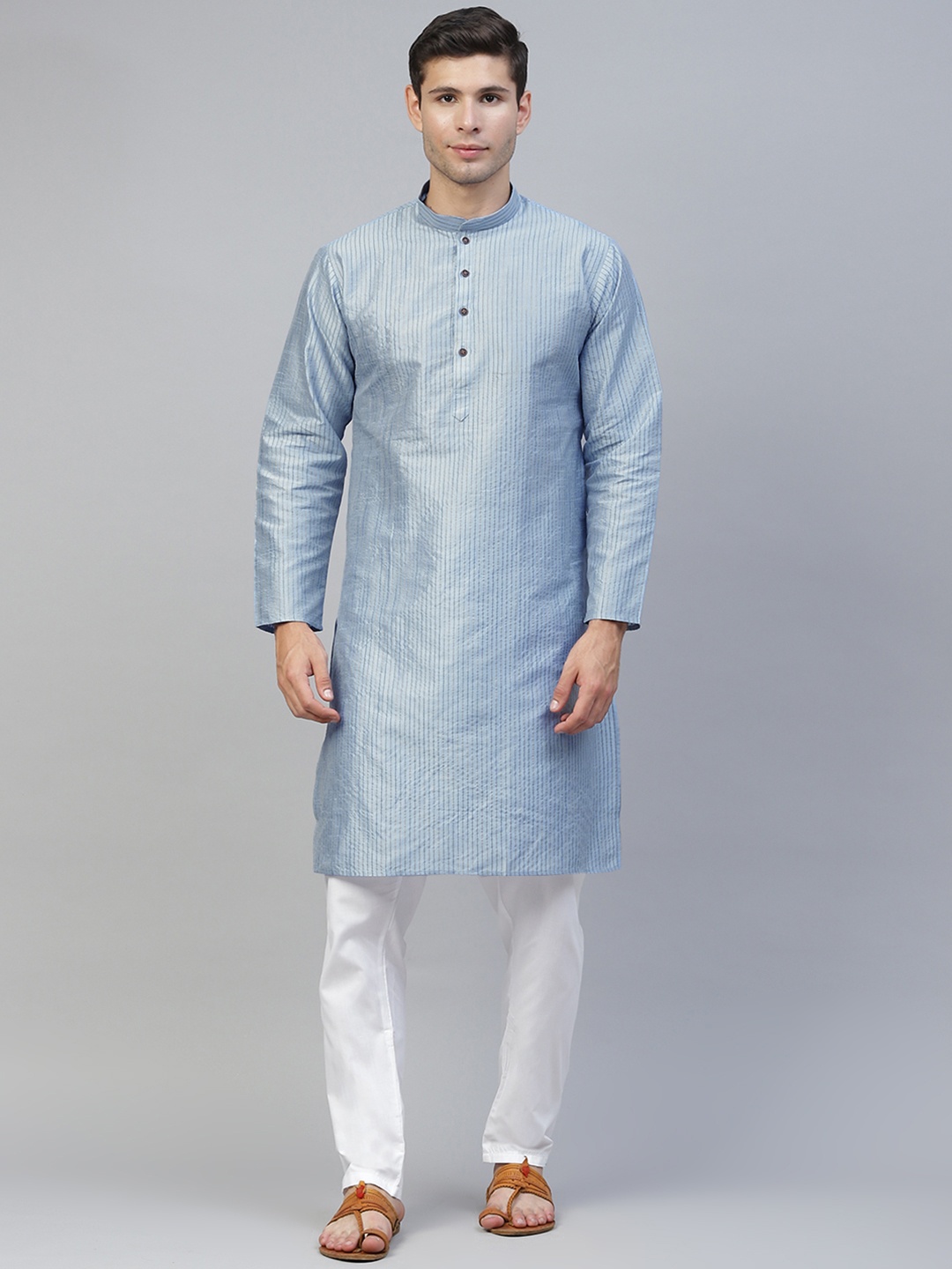 

MANQ Men Blue Striped Kurta with Pyjamas