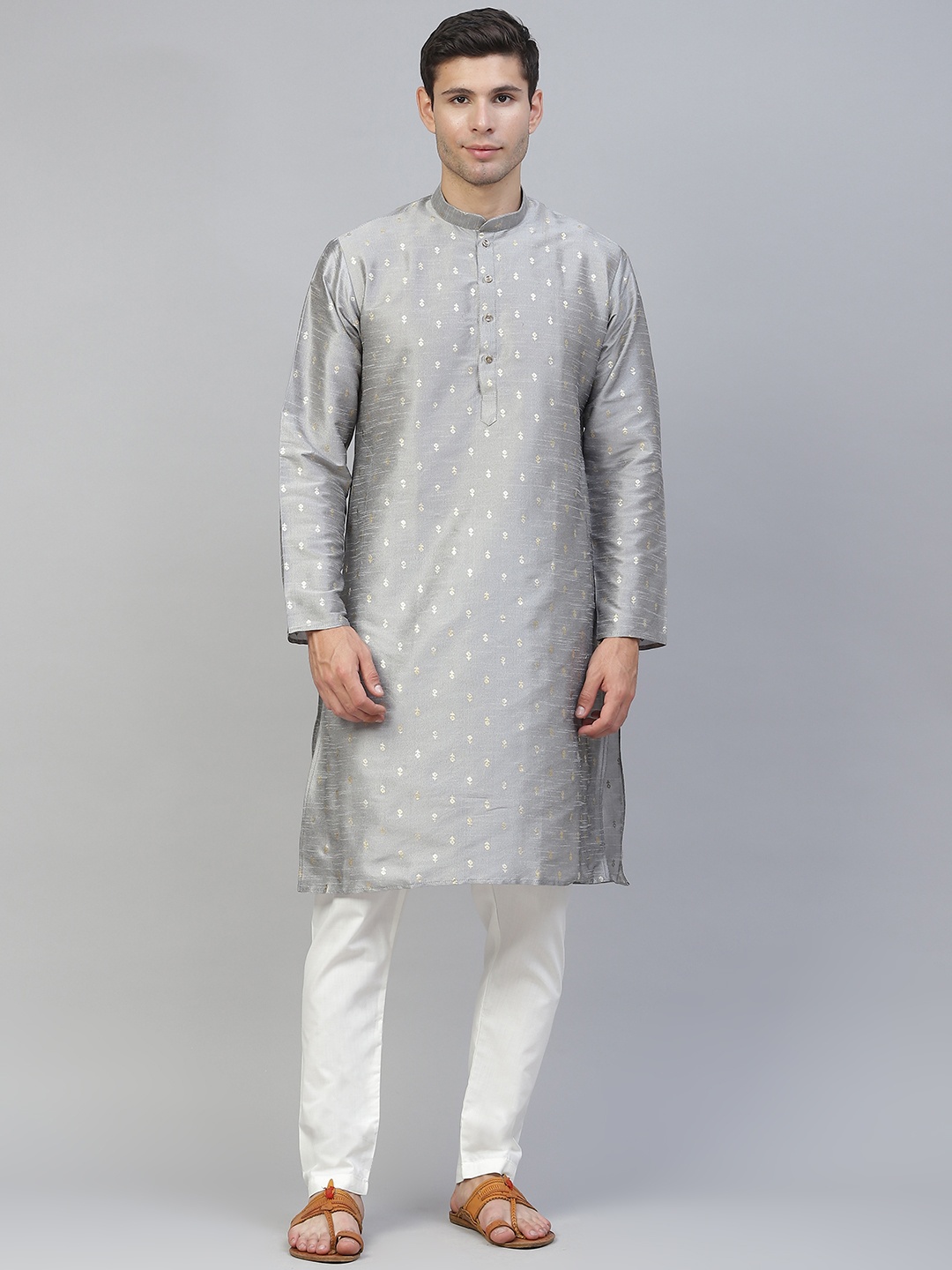 

MANQ Men Grey Ethnic Motifs Printed Kurta with Pyjamas