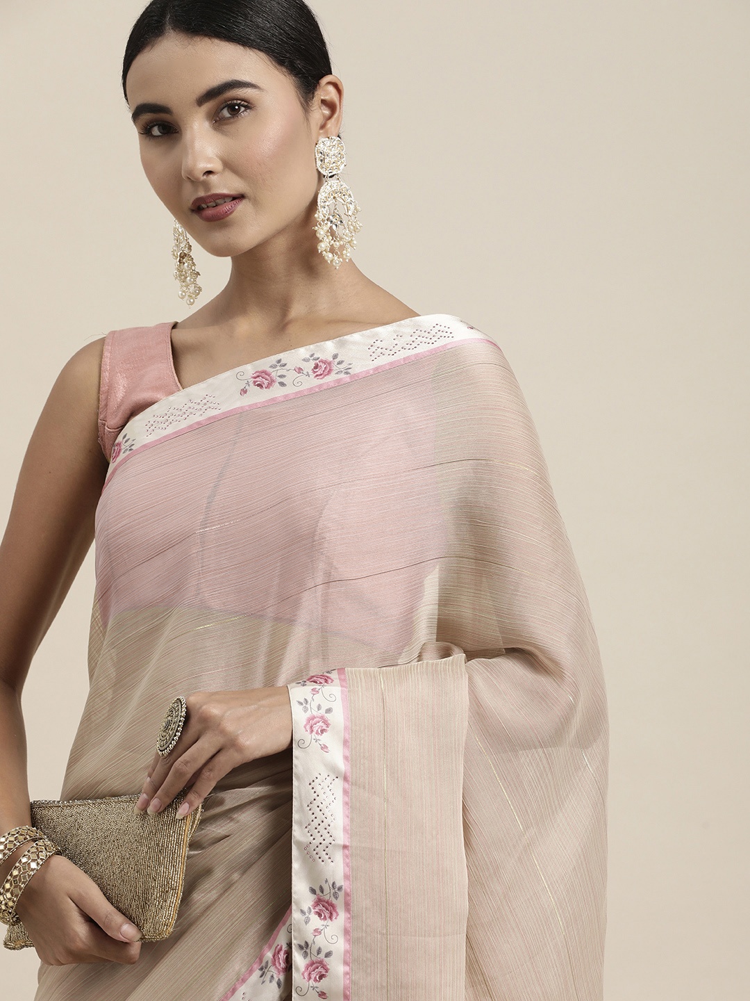 

Pothys Beige & Pink Woven Striped Pure Chiffon Saree with Blouse