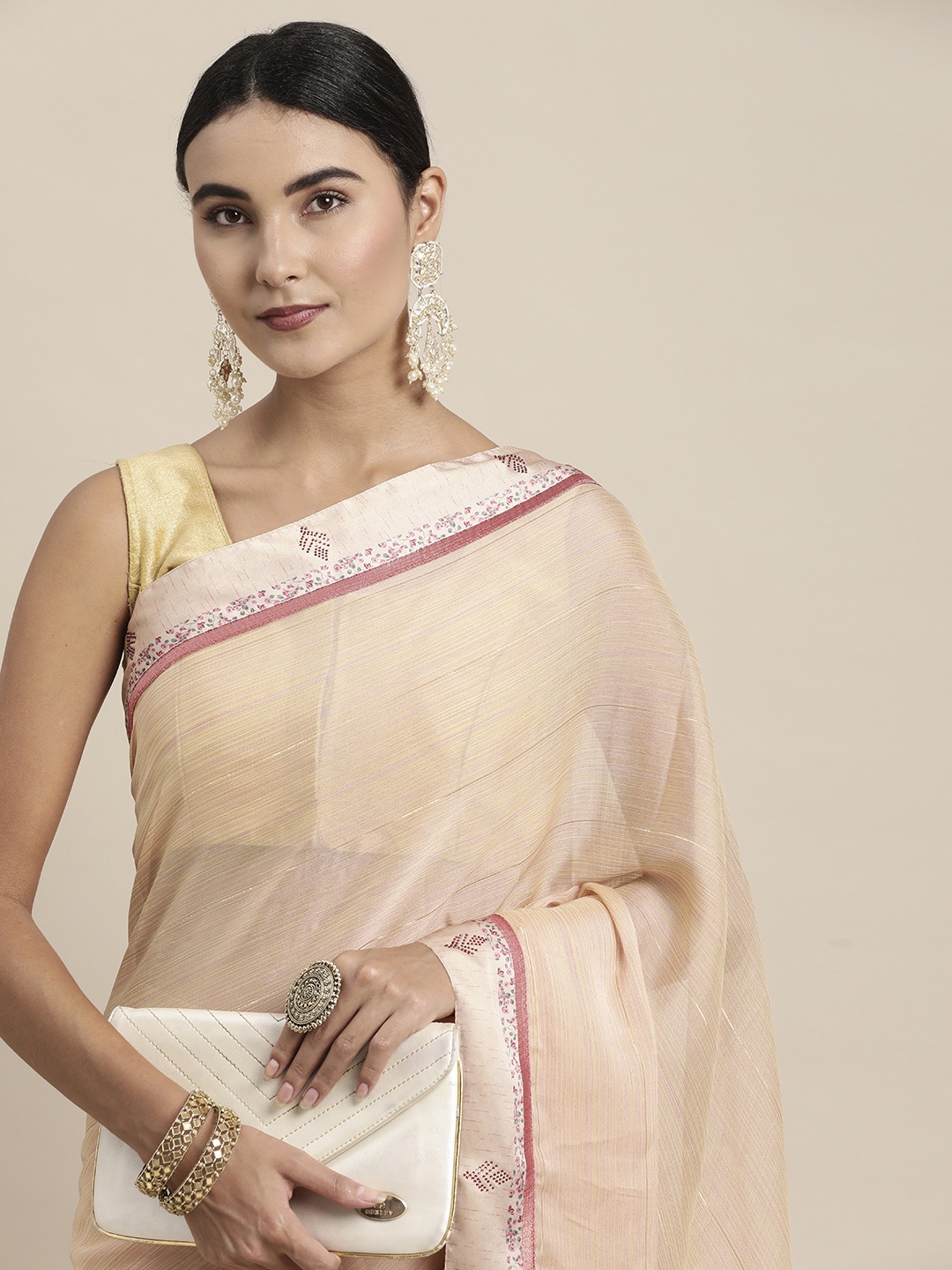 

Pothys Beige Woven Striped Pure Chiffon Saree with Blouse