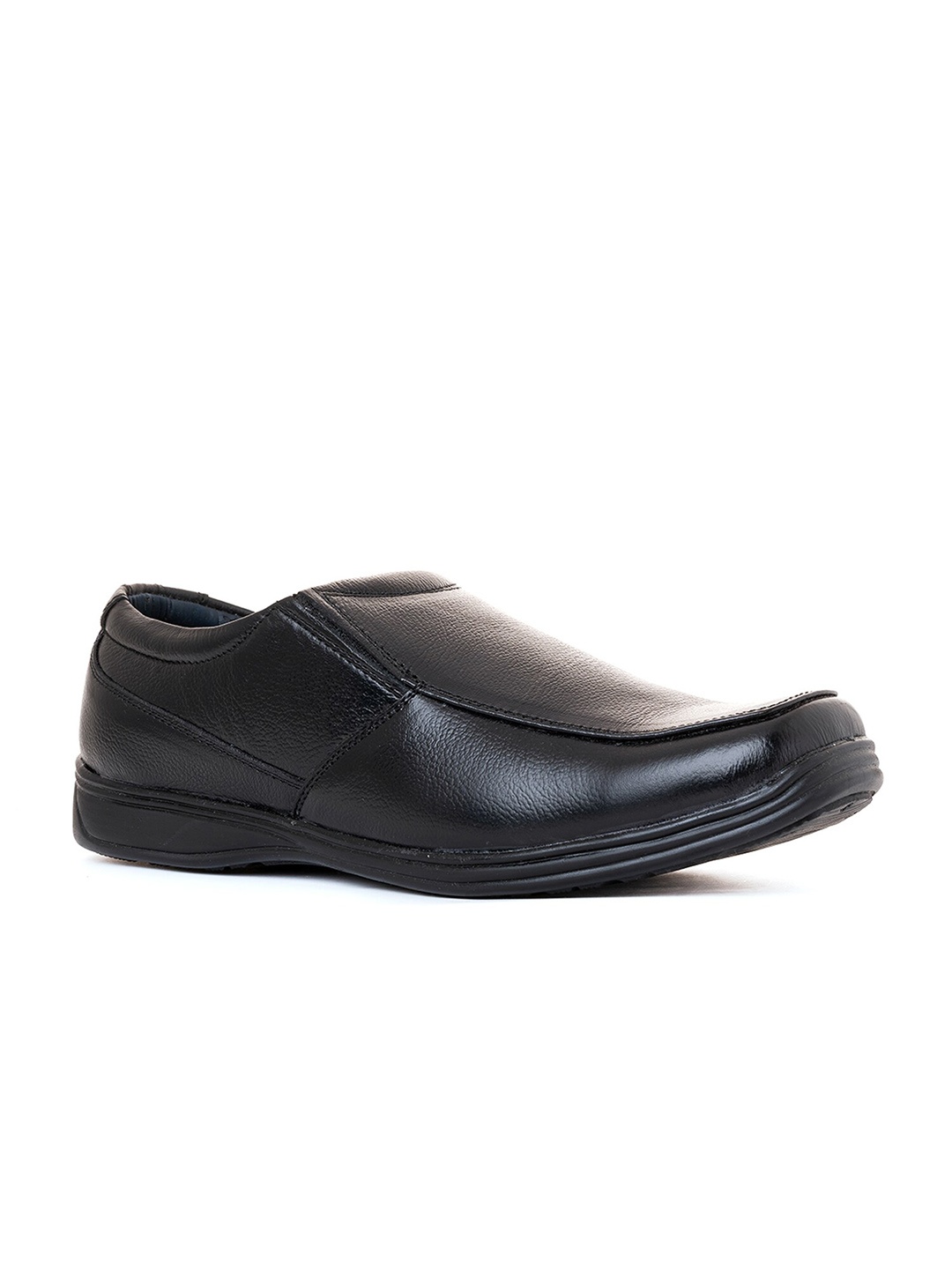 

Khadims Men Black Solid Leather Formal Slip-Ons