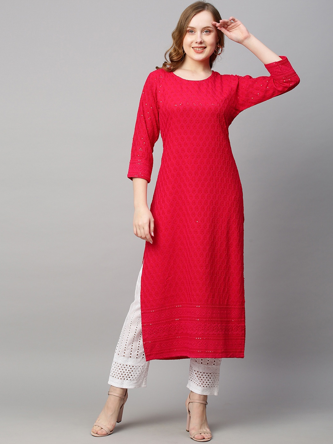 

POONAM DESIGNER Women Red Embroidered Straight Kurta