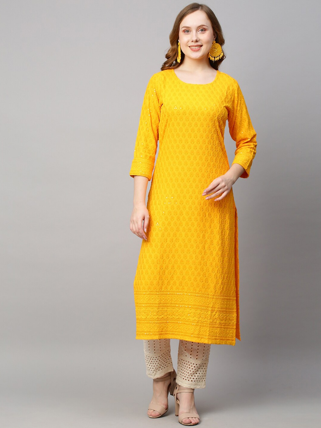 

POONAM DESIGNER Women Yellow Embroidered Straight Kurta