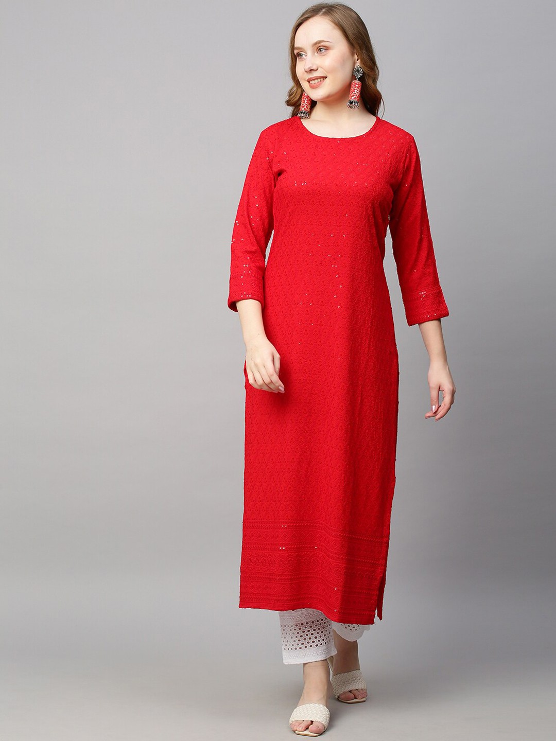 

POONAM DESIGNER Women Red Embroidered Straight Kurta