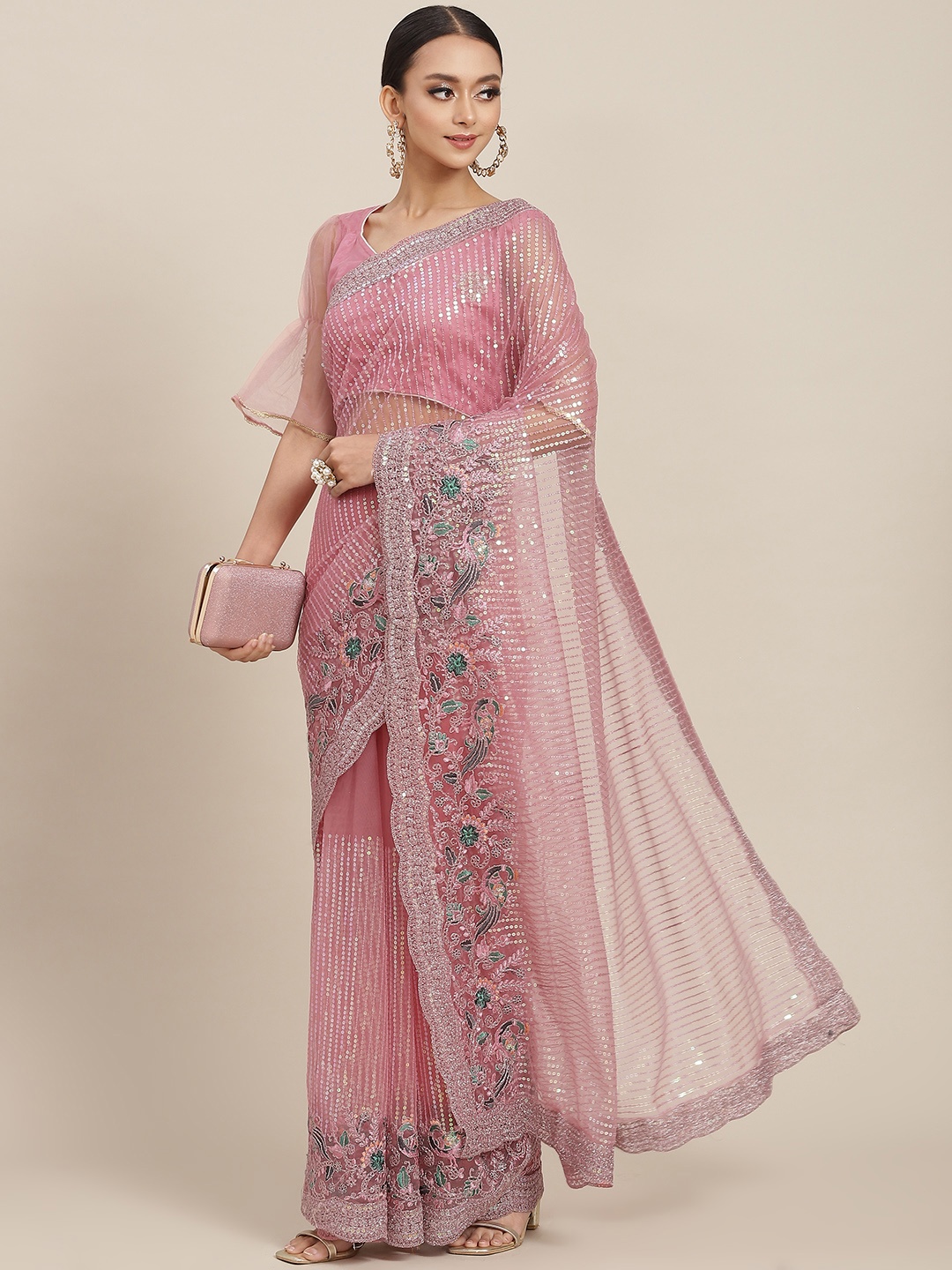 

Chhabra 555 Pink Sequinned Net Saree