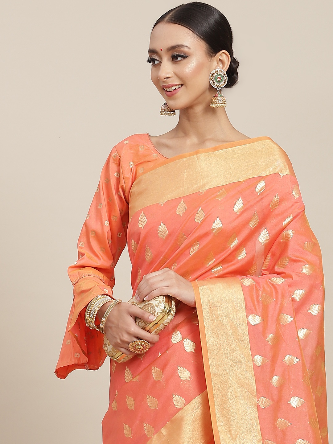 

Chhabra 555 Peach-Coloured & Golden Woven Design Banarasi Saree