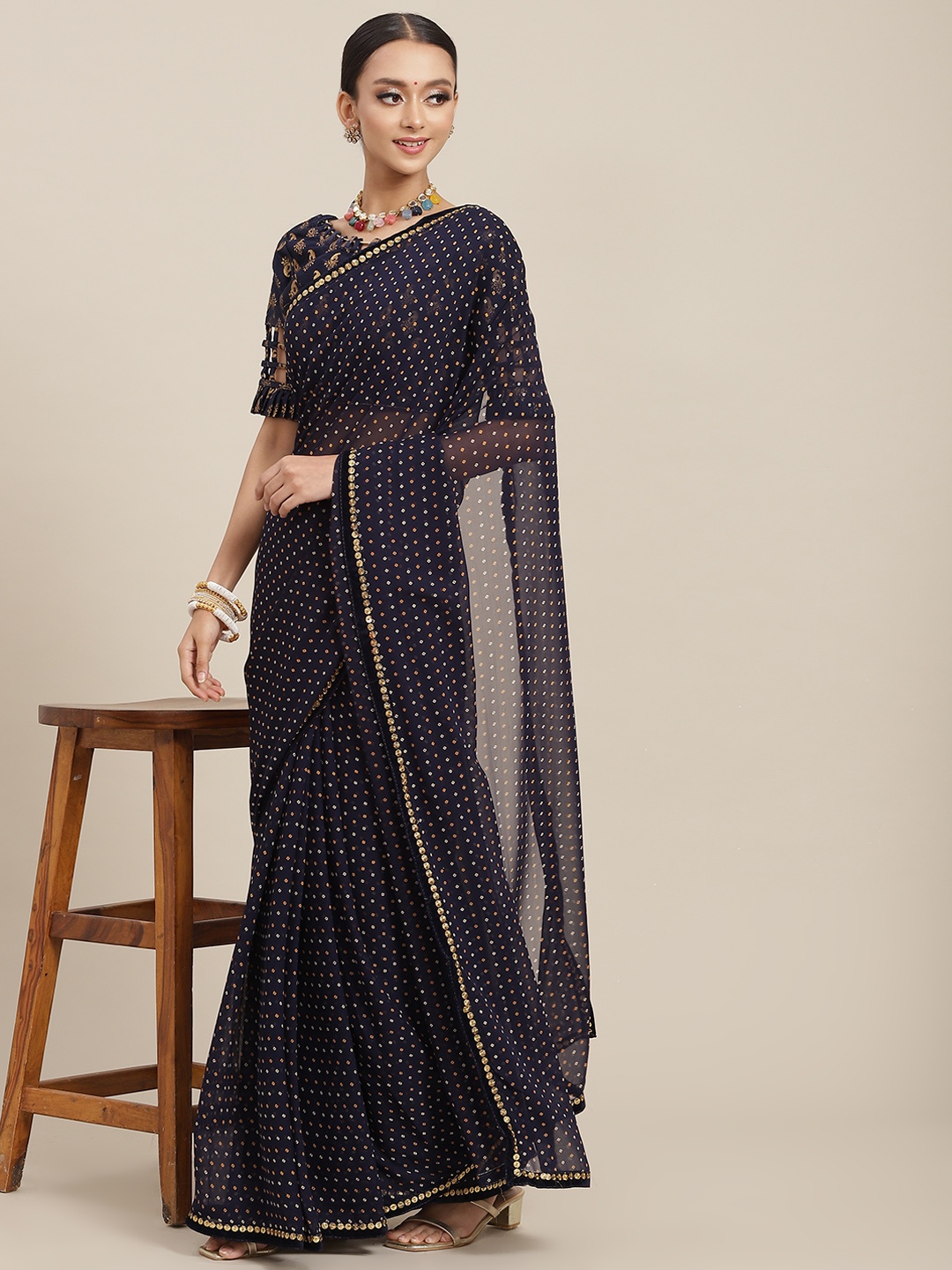 

Chhabra 555 Navy Blue Bandhani Print Saree