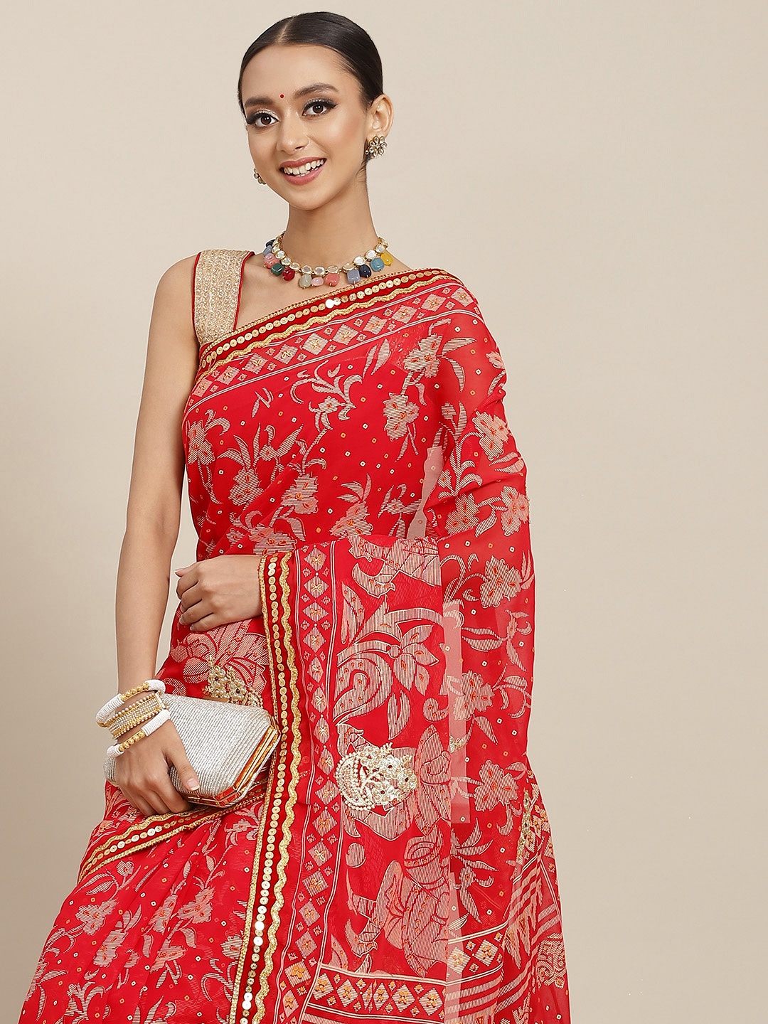 

Chhabra 555 Red Bandhani Print Saree