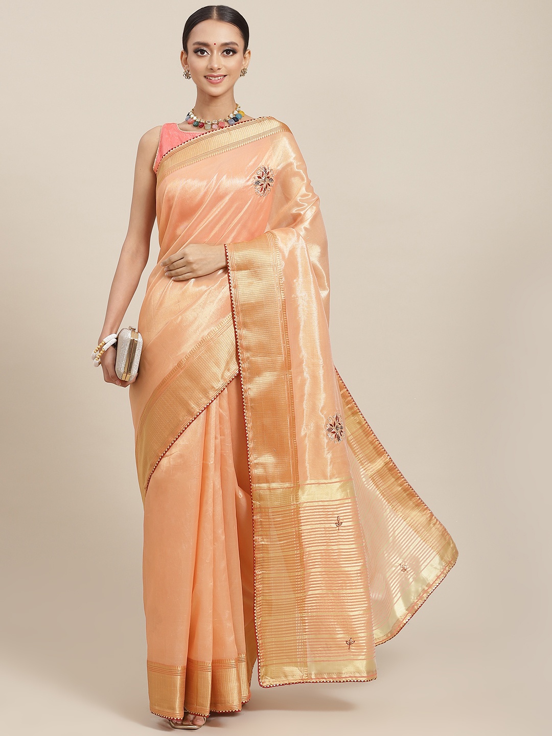

Chhabra 555 Peach-Coloured Woven Design Chanderi Saree