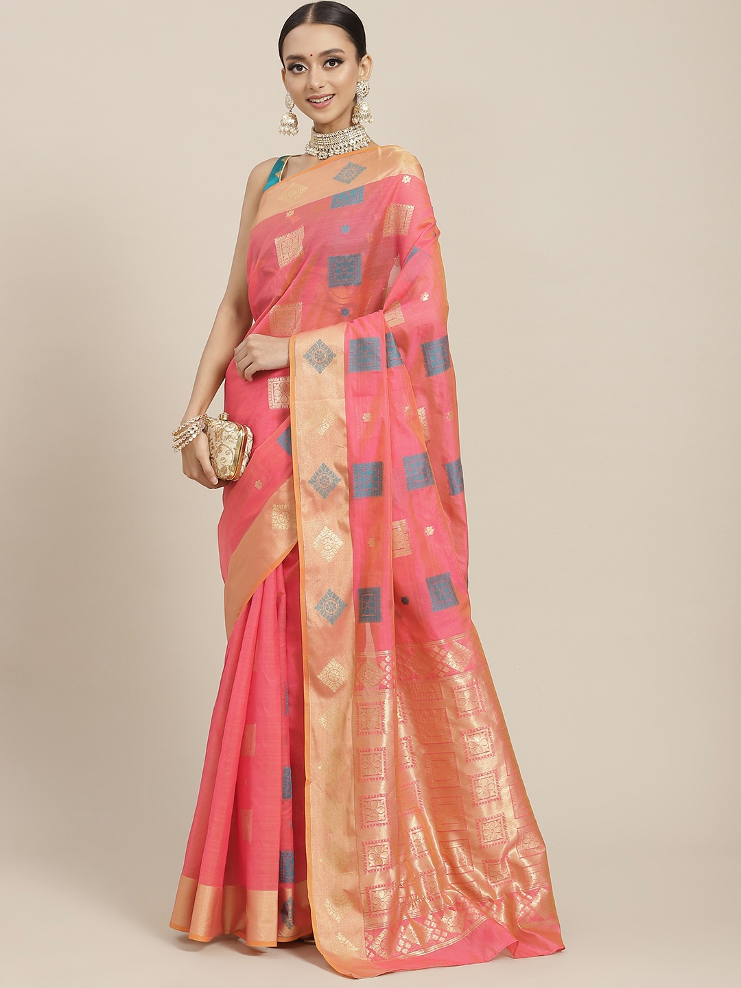 

Chhabra 555 Coral Pink & Blue Woven Design Banarasi Saree