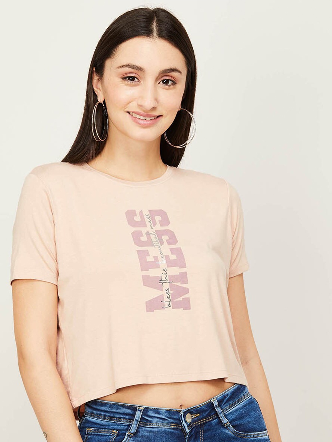 

Ginger by Lifestyle Women Beige Typography Printed Drop-Shoulder Sleeves T-shirt