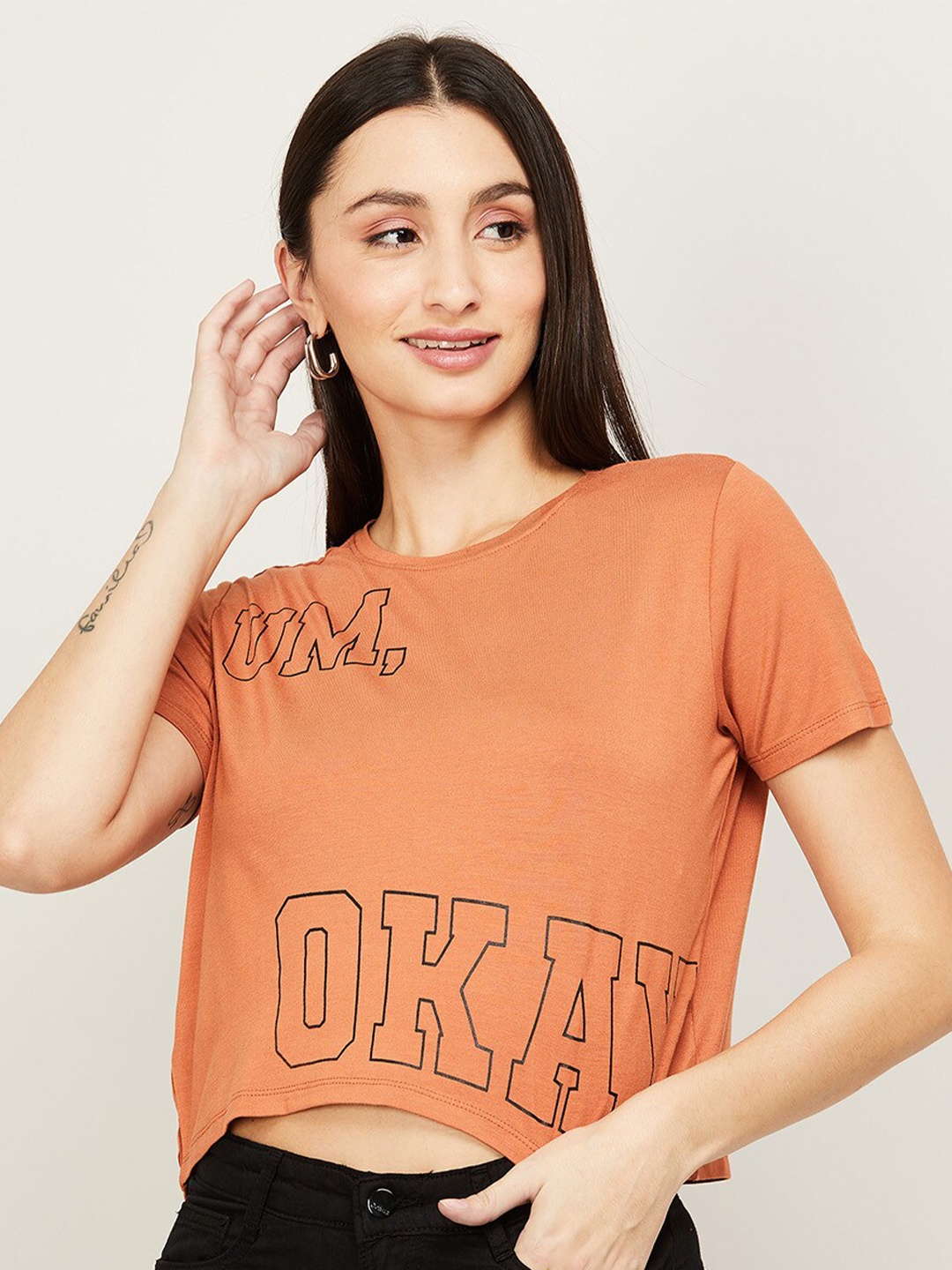 

Ginger by Lifestyle Women Beige Typography Printed T-shirt