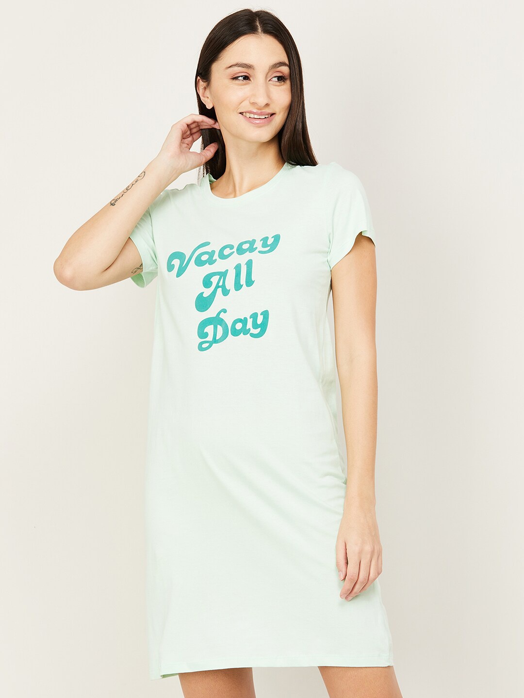 

Ginger by Lifestyle Women Green Typography Printed Cotton T-shirt