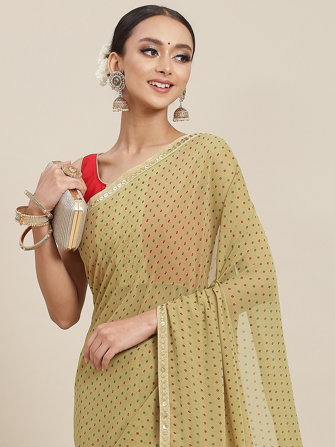 

Chhabra 555 Khaki Bandhani Print Saree