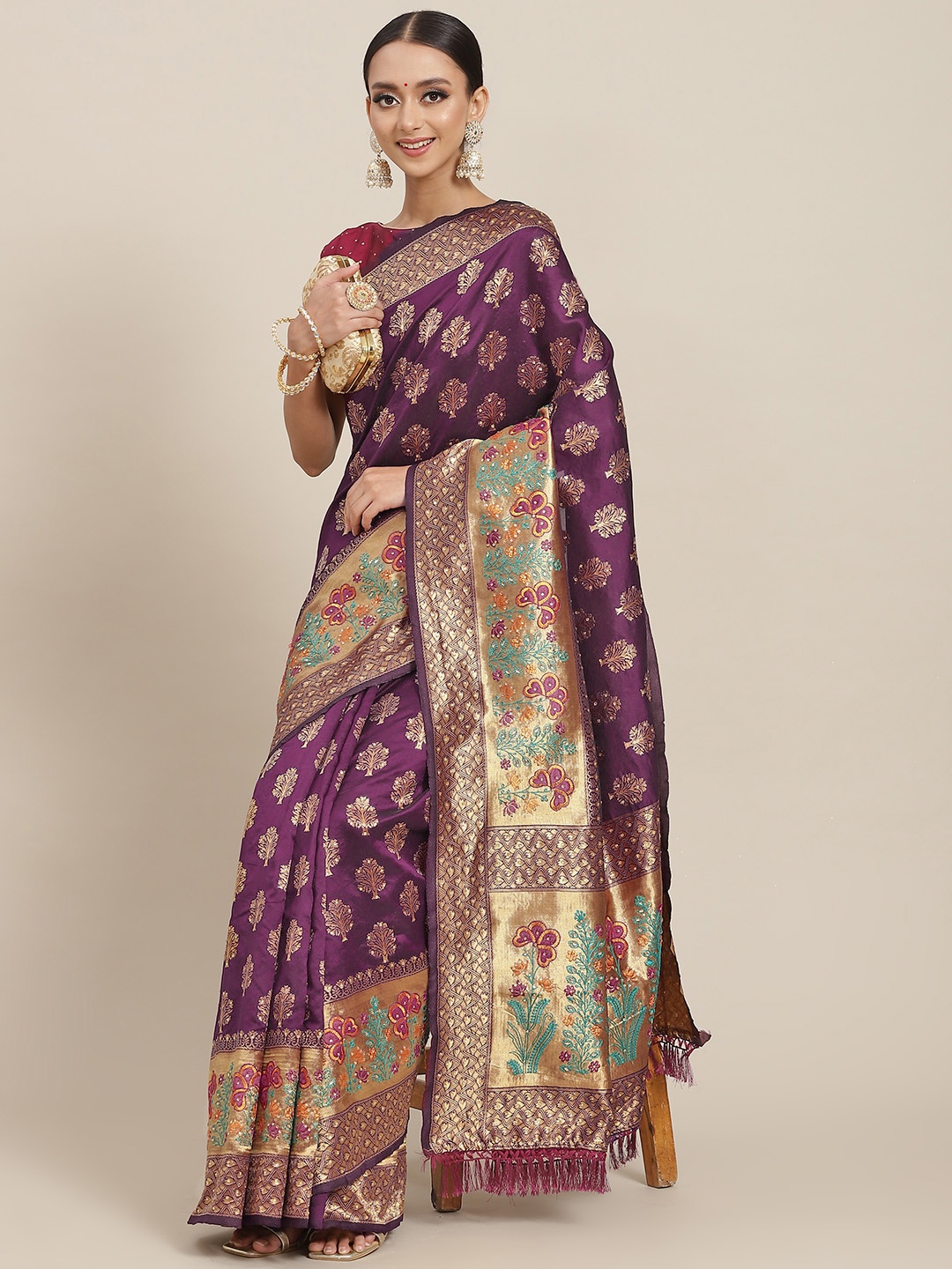 

Chhabra 555 Burgundy & Golden Floral Kantha Work Saree