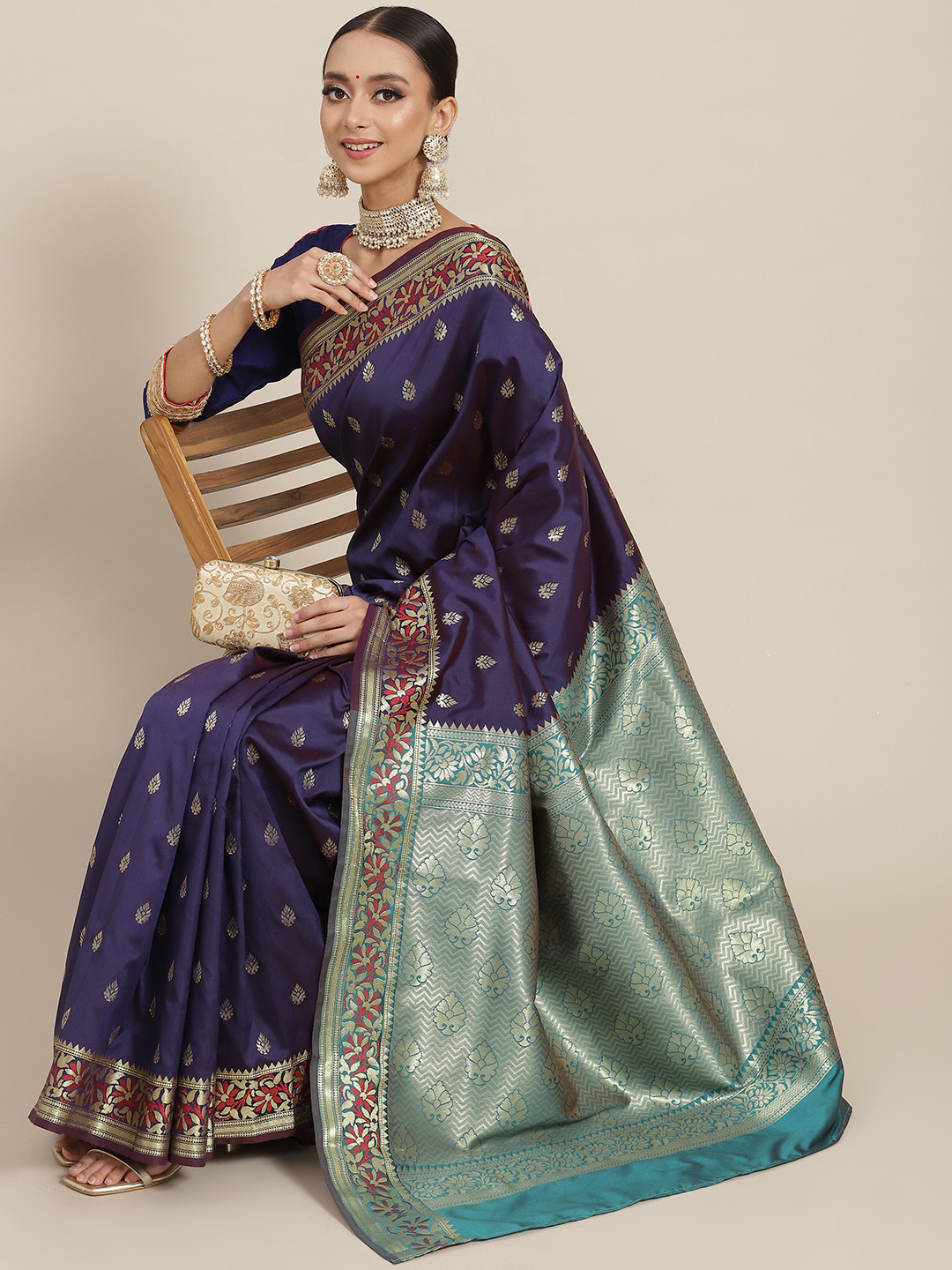 

Chhabra 555 Navy Blue Woven Design Zari Banarasi Saree