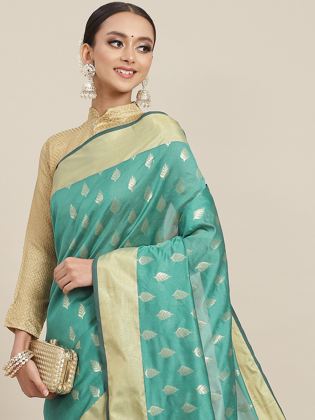

Chhabra 555 Sea Green & Golden Woven Design Organza Silk Banarasi Saree
