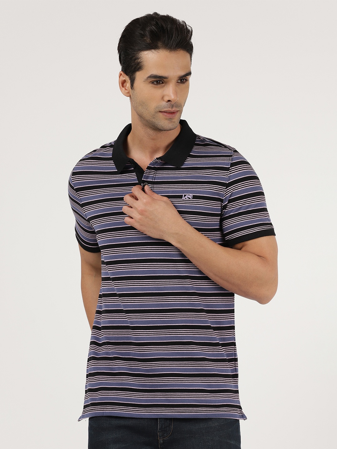 

Lee Men Black & White Striped Polo Collar Slim Fit T-shirt
