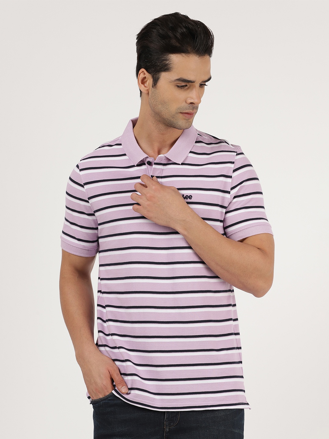 

Lee Men Blue Striped Polo Collar Slim Fit T-shirt