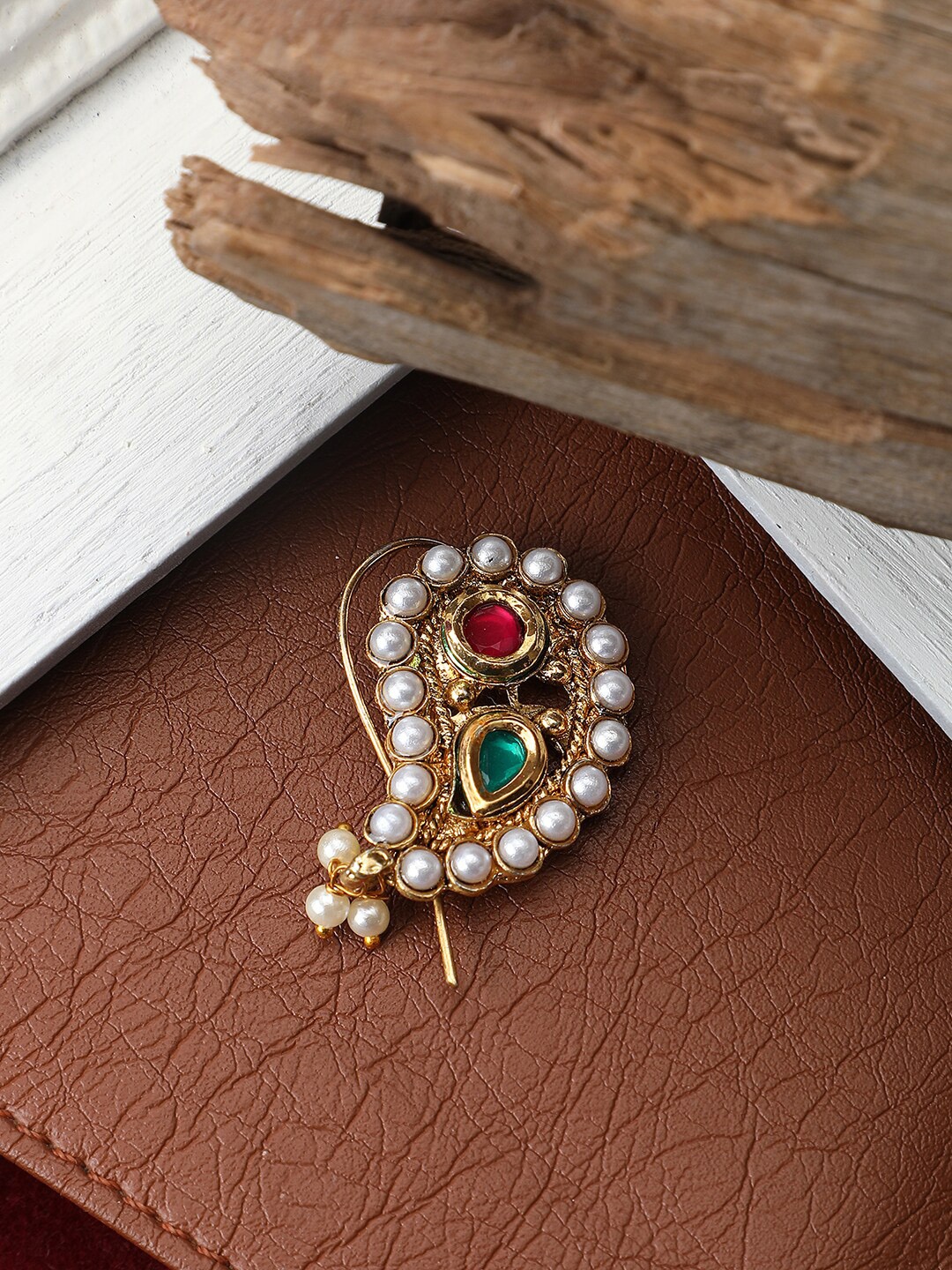 

ANIKAS CREATION Gold-Plated Pink & White Stone-Studded Beaded Nosepin