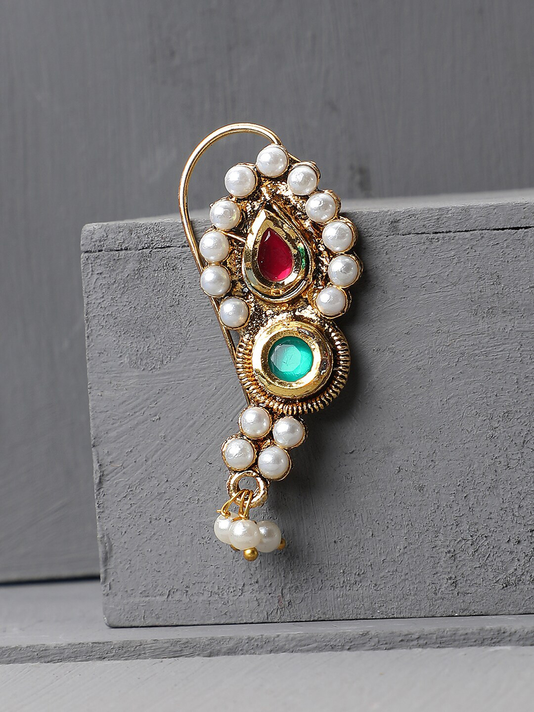 

ANIKAS CREATION Gold-Plated White & Green CZ-Studded & Beaded Maharashtrian Nose Pin