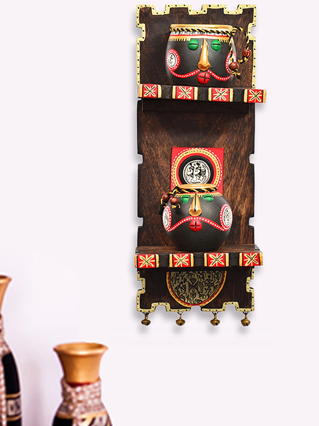

ExclusiveLane Wooden Wall Shelf With Terracotta Warli Handpainted Face Pots, Brown