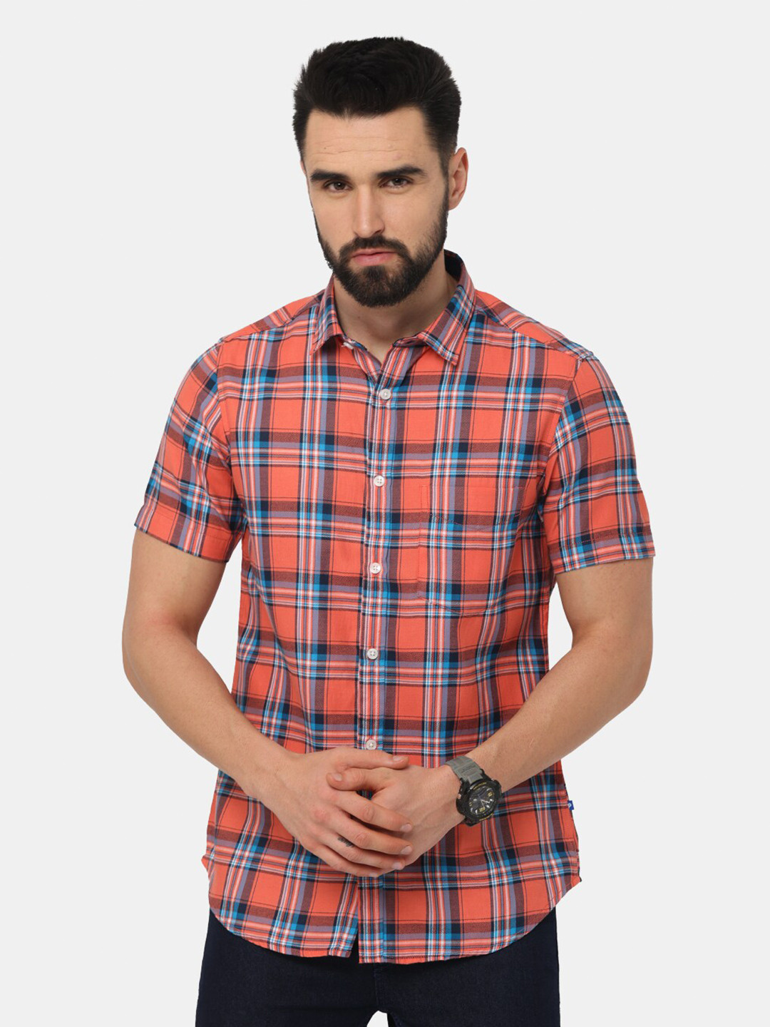

NIRVAAN Men Peach & Blue Tartan Checked Slim Fit Casual Shirt