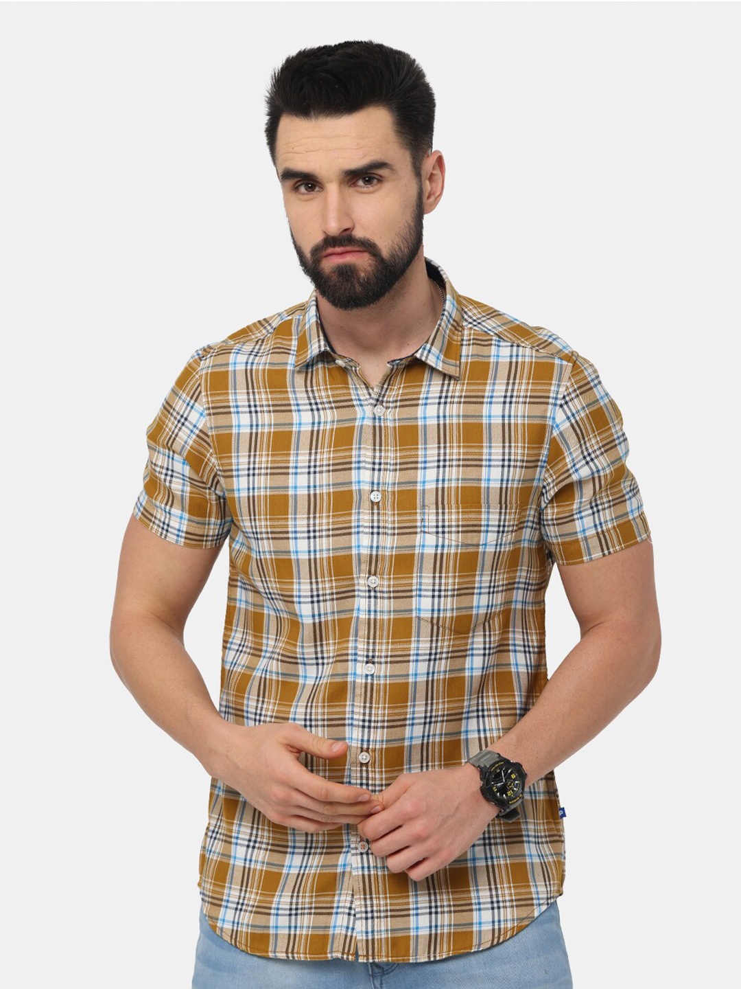 

NIRVAAN Men Brown Checked Slim Fit Casual Cotton Shirt
