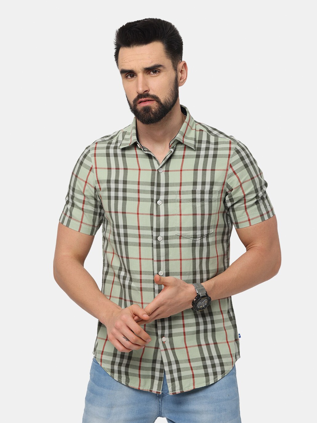 

NIRVAAN Men Green Tartan Checked Slim Fit Casual Cotton Shirt