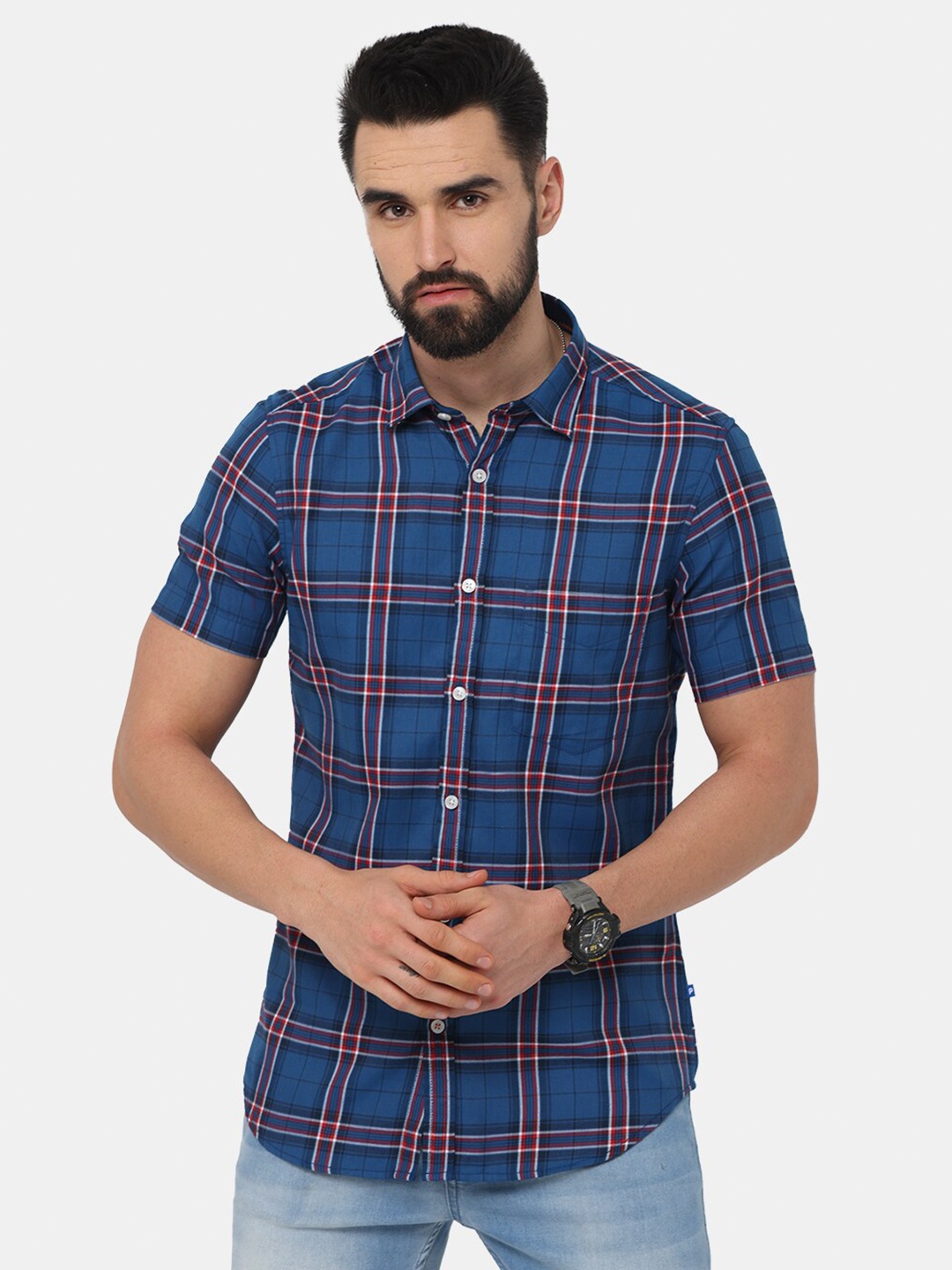 

NIRVAAN Men Blue Tartan Checks Slim Fit Casual Shirt