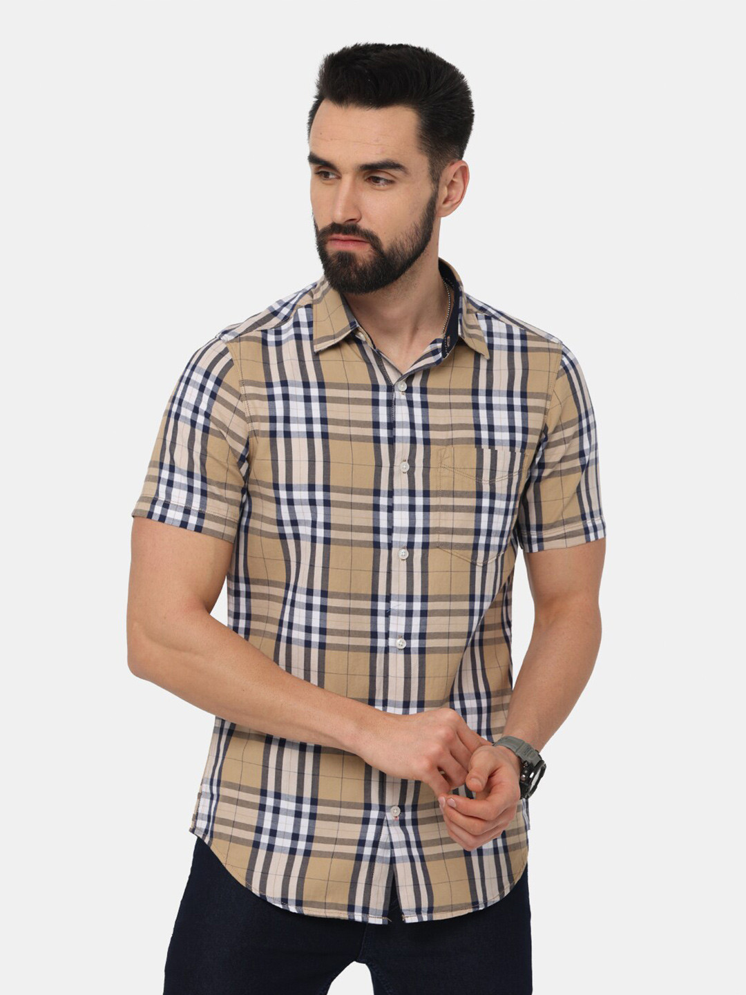 

NIRVAAN Men Beige Tartan Checks Slim Fit Casual Shirt