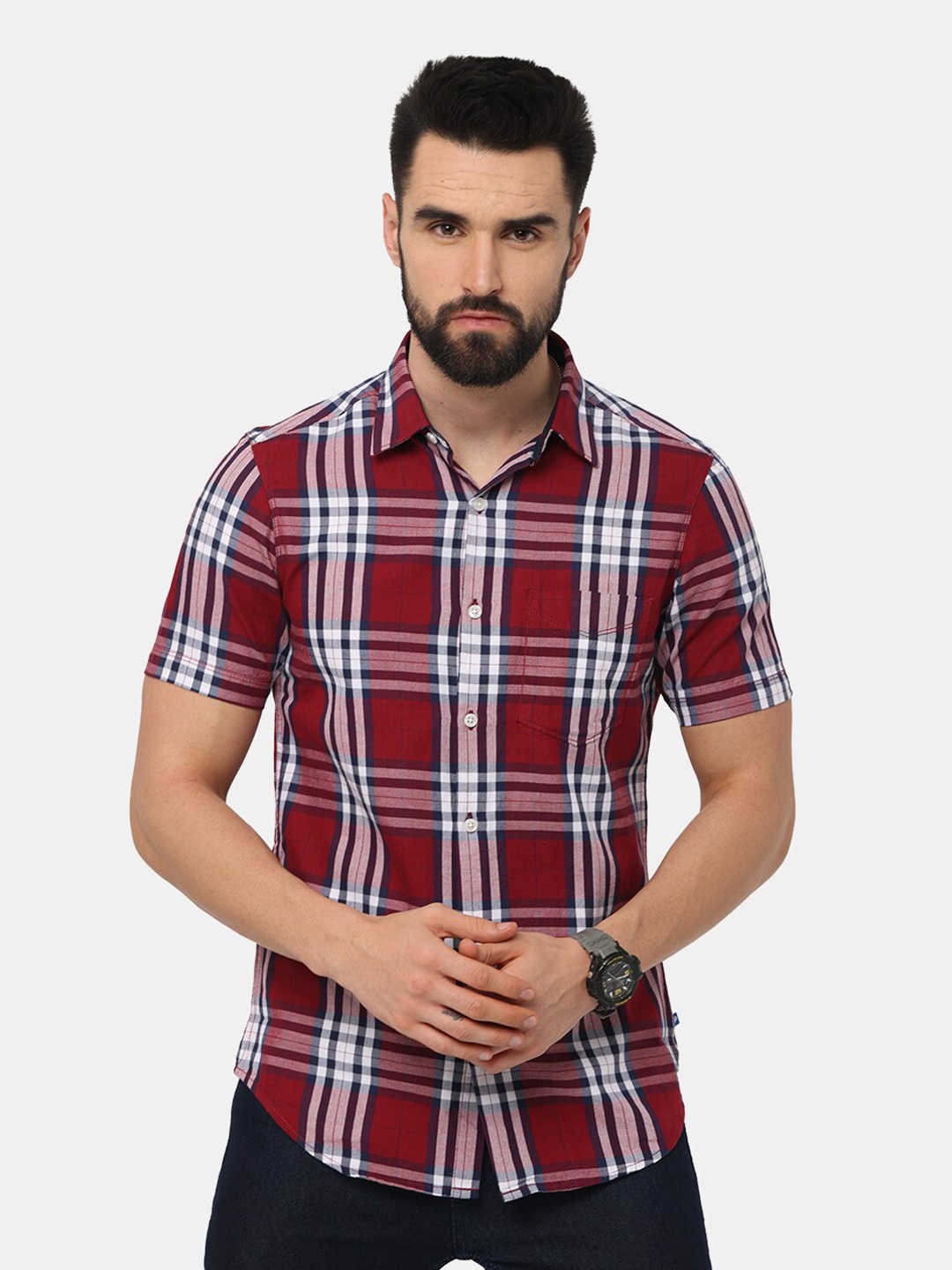 

NIRVAAN Men Red Tartan Checks Slim Fit Casual Shirt