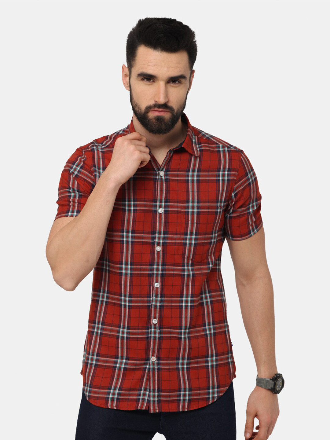 

NIRVAAN Men Red Tartan Checked Slim Fit Casual Shirt