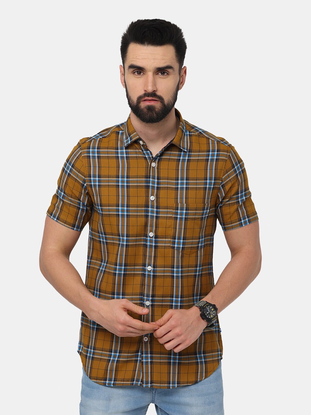 

NIRVAAN Men Brown Tartan Checked Slim Fit Casual Shirt