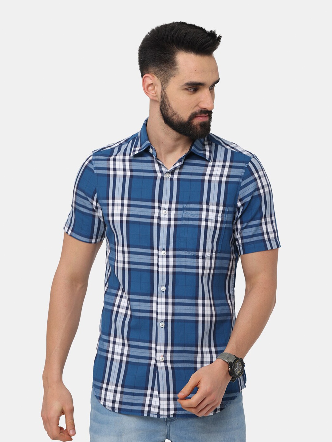 

NIRVAAN Men Blue Tartan Checked Slim Fit Casual Shirt