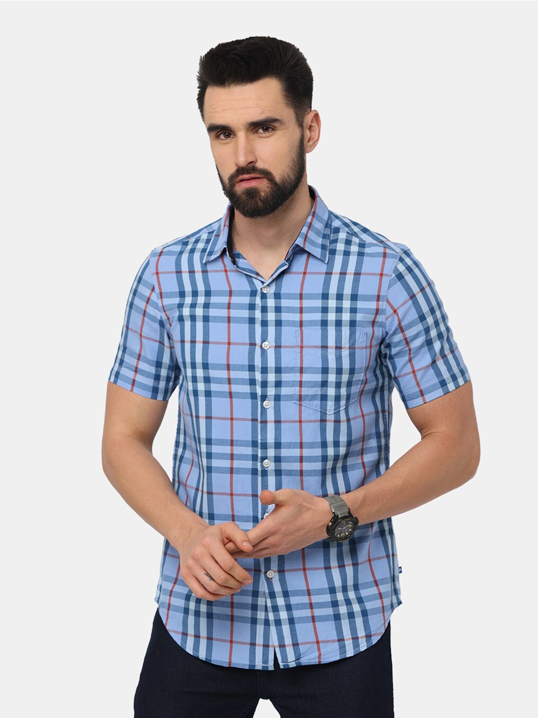 

NIRVAAN Men Blue Tartan Checked Slim Fit Casual Shirt