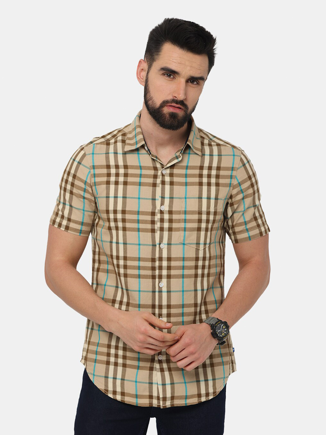 

NIRVAAN Men Beige Tartan Checks Slim Fit Casual Shirt