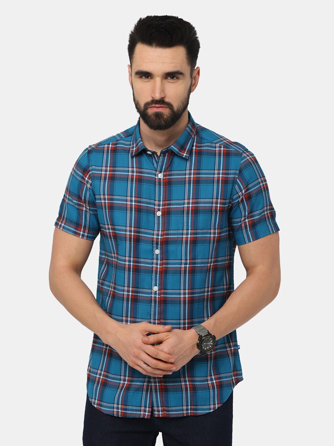 

NIRVAAN Men Blue Slim Fit Tartan Checked Casual Shirt