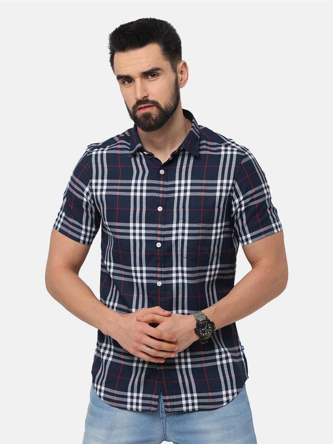 

NIRVAAN Men Navy Blue Slim Fit Tartan Checked Casual Shirt