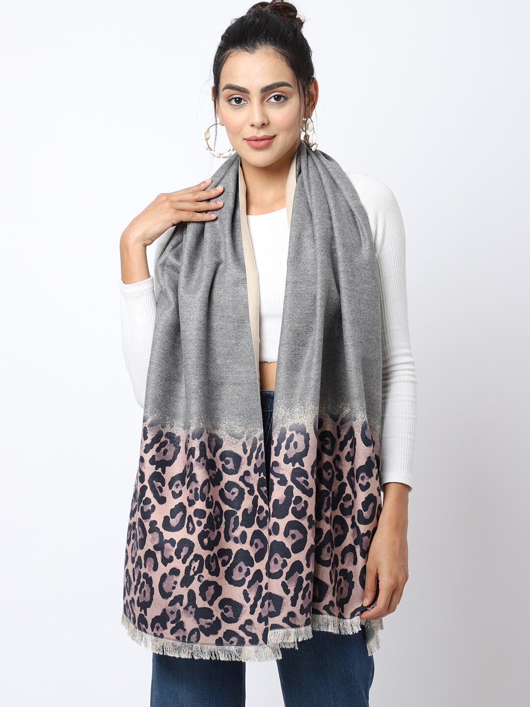 

ELLIS Women Grey & Pink Animal Printed Muffler