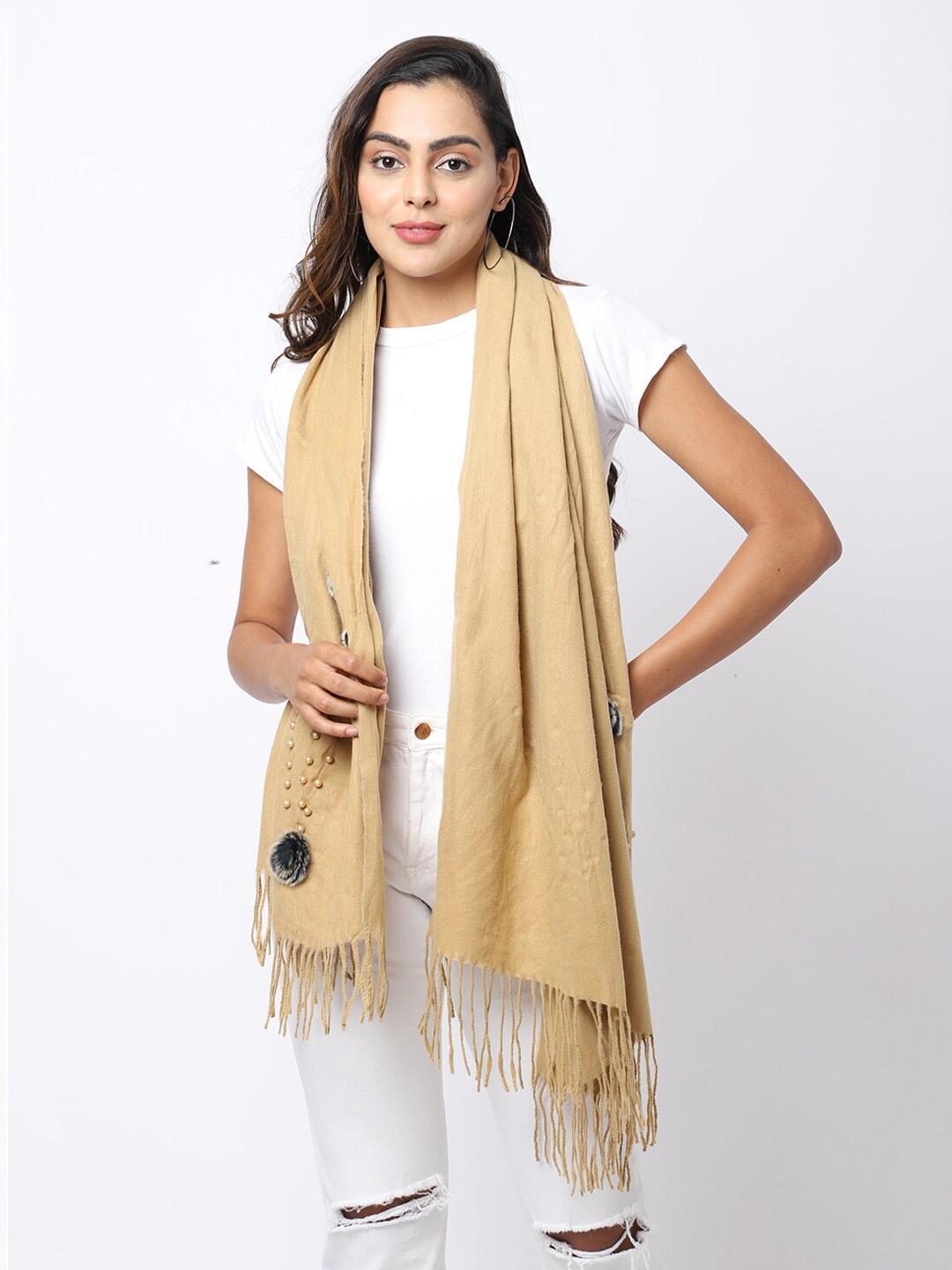 

ELLIS Women Cream Solid & Embellished Detail Muffler