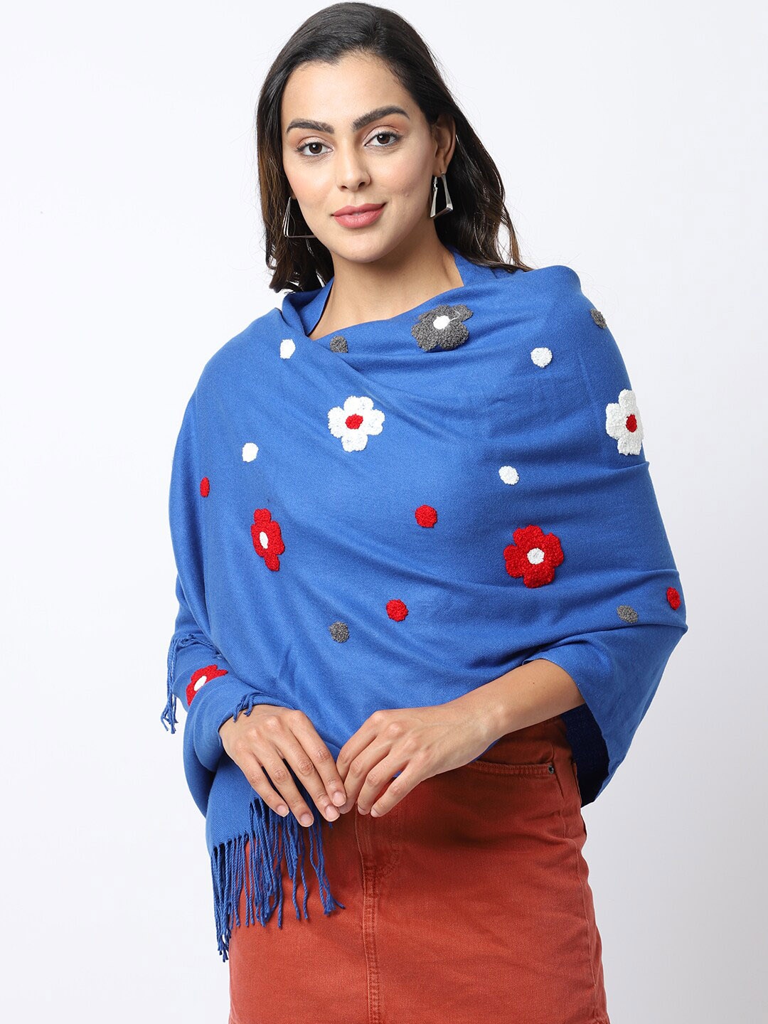 

ELLIS Women Blue Applique Tasseled Border Muffler