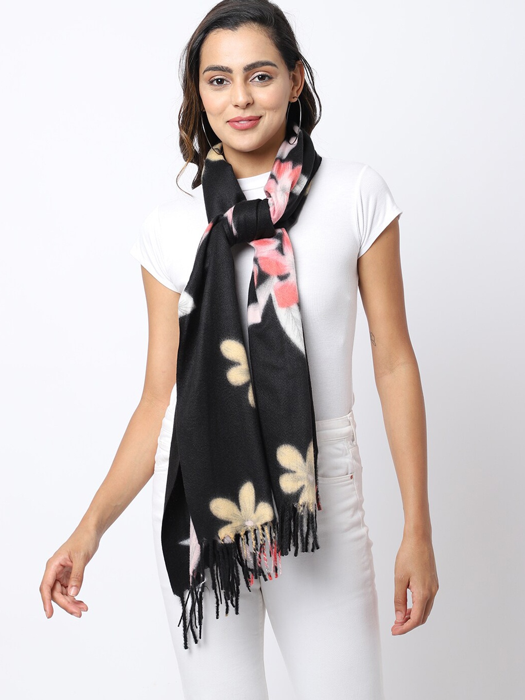 

ELLIS Women BlackFloral Printed Muffler, Black